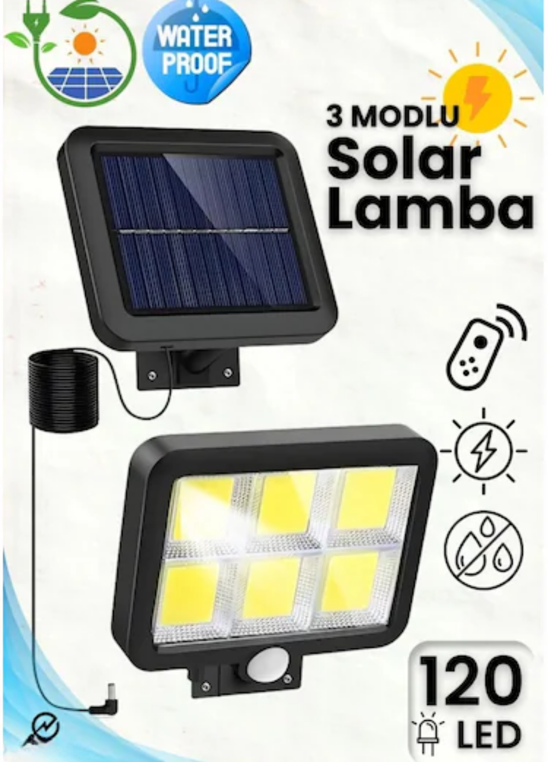 120 LED Ayrı Solar Panel Güneş Enerjili 3 Mod Duvar Lambası 5 METRE Kablolu Bahçe Aydınlatma