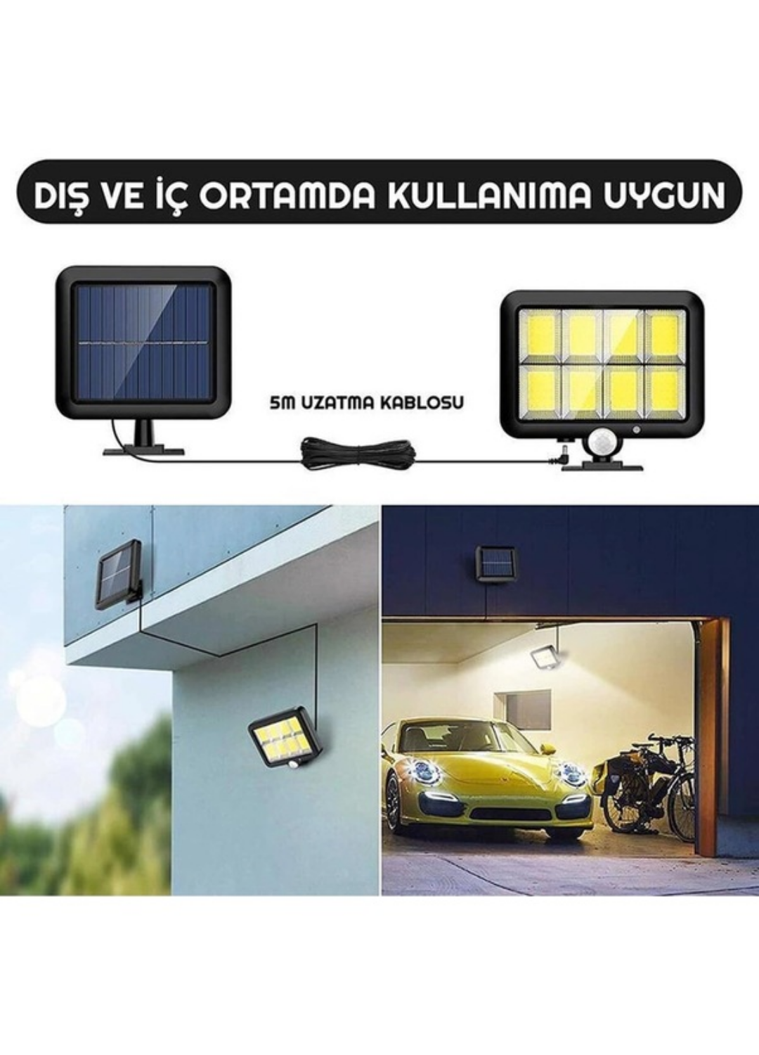 120 LED Ayrı Solar Panel Güneş Enerjili 3 Mod Duvar Lambası 5 METRE Kablolu Bahçe Aydınlatma