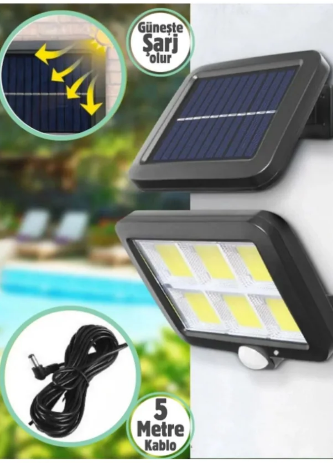 120 LED Ayrı Solar Panel Güneş Enerjili 3 Mod Duvar Lambası 5 METRE Kablolu Bahçe Aydınlatma