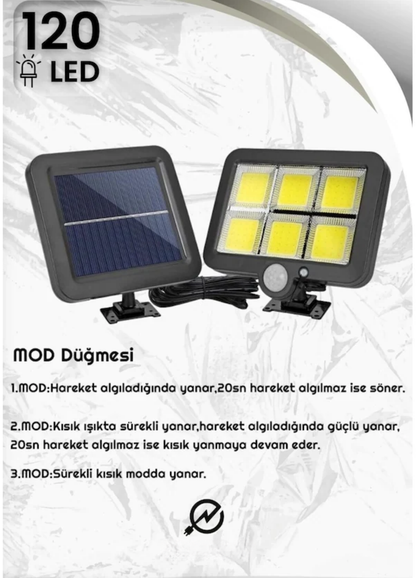120 LED Ayrı Solar Panel Güneş Enerjili 3 Mod Duvar Lambası 5 METRE Kablolu Bahçe Aydınlatma