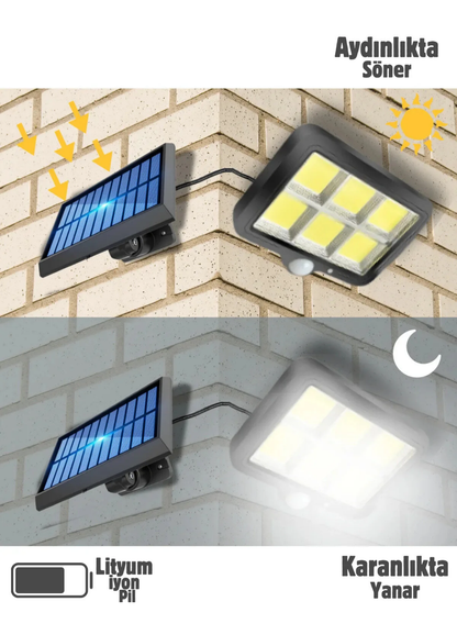 120 LED Ayrı Solar Panel Güneş Enerjili 3 Mod Duvar Lambası 5 METRE Kablolu Bahçe Aydınlatma