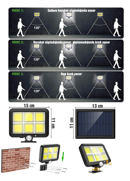 120 LED Ayrı Solar Panel Güneş Enerjili 3 Mod Duvar Lambası 5 METRE Kablolu Bahçe Aydınlatma