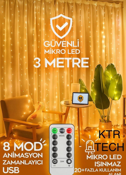 Perde Led 300 Ledli 10 Sarkıt Perde Led Işık-8 Fonksiyon, Uzaktan Kumandalı, 3x3 Metre