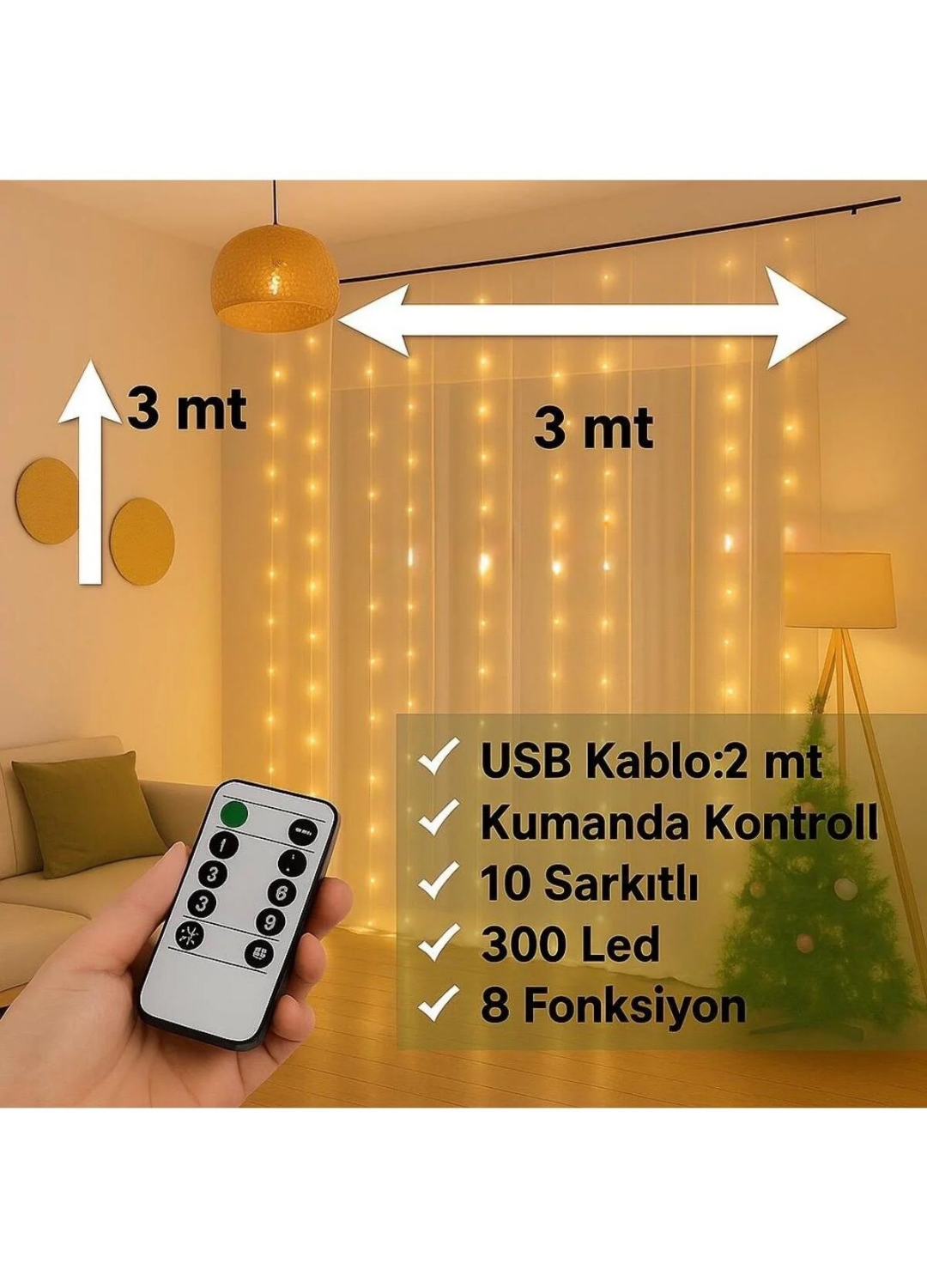Perde Led 300 Ledli 10 Sarkıt Perde Led Işık-8 Fonksiyon, Uzaktan Kumandalı, 3x3 Metre