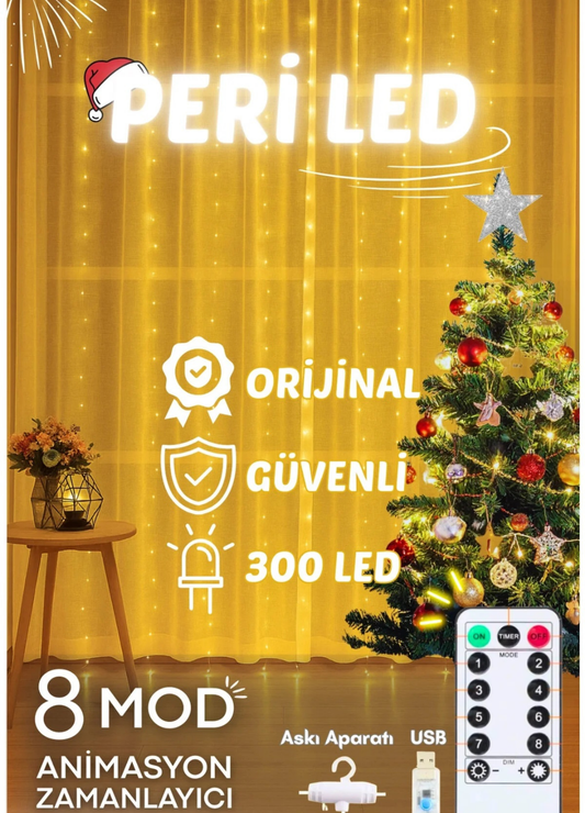 Perde Led 300 Ledli 10 Sarkıt Perde Led Işık-8 Fonksiyon, Uzaktan Kumandalı, 3x3 Metre