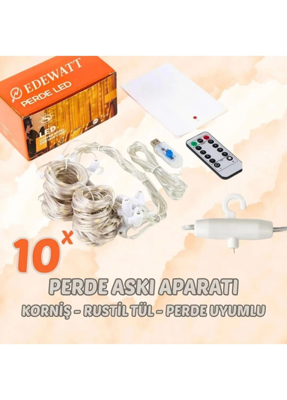 Perde Led 300 Ledli 10 Sarkıt Perde Led Işık-8 Fonksiyon, Uzaktan Kumandalı, 3x3 Metre