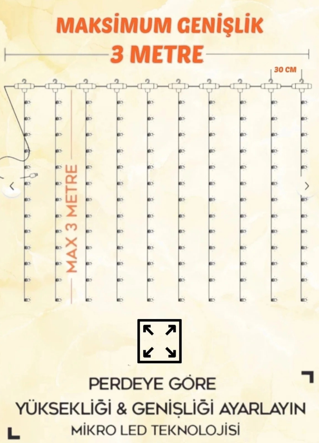 Perde Led 300 Ledli 10 Sarkıt Perde Led Işık-8 Fonksiyon, Uzaktan Kumandalı, 3x3 Metre