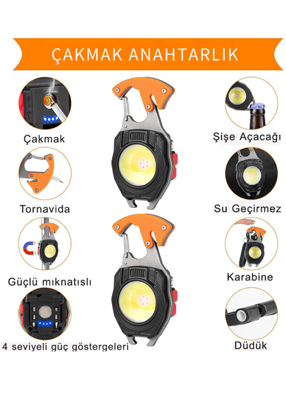 ÇAKMAKLI EL FENERİ ANAHTARLIK ÇOK AMAÇLI IŞILDAK ŞARJLI KAMP LAMBASI